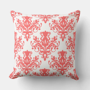 Damask 02 Muster - Tropisches Rosa auf Weiß Kissen