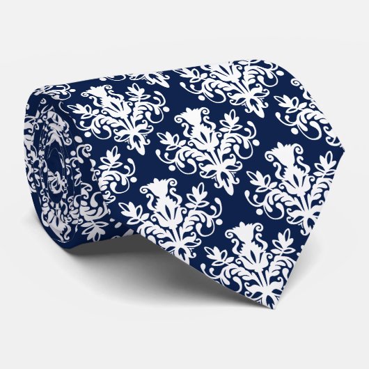 Damask 02 Muster - White on Dark Blue 001744 Krawatte (Gerollt)