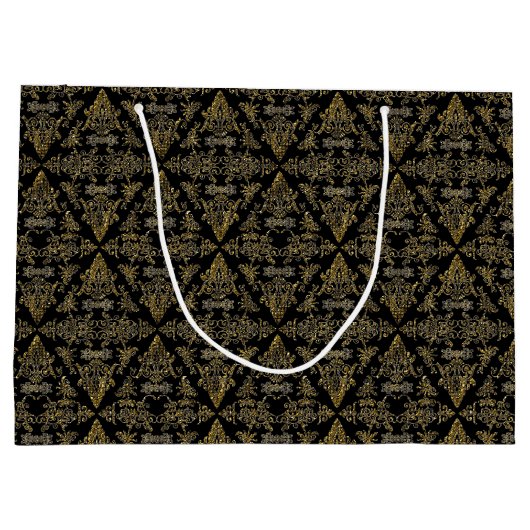 Damask 06 Schwarz-Gold-Große Geschenktasche Große Geschenktüte (Rückseite)