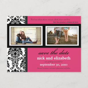 Damask 2-Foto Fuschia-Black-White Save the Date Ankündigungspostkarte
