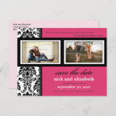 Damask 2-Foto Fuschia-Black-White Save the Date Ankündigungspostkarte (Vorne/Hinten)