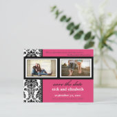 Damask 2-Foto Fuschia-Black-White Save the Date Ankündigungspostkarte (Stehend Vorderseite)