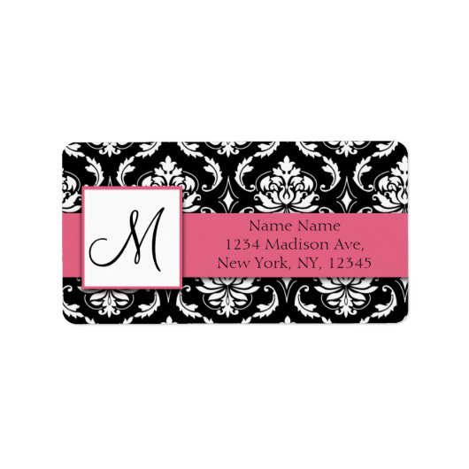 Damask Address Label Honeysucksuckle Pink Monogram Adressaufkleber (Vorne)