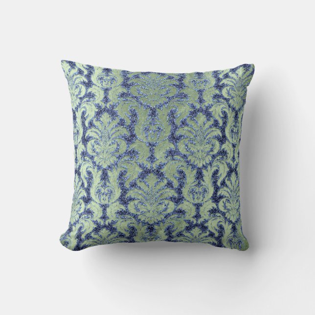 Damask Aqua Blue Navy Minze Grüne Hütte Velvet Kissen (Vorderseite)