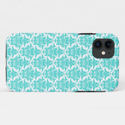 Damask - Aqua Blue on White iPhone Case (Rückseite (Horizontal))