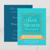 Damask Aqua Blue Romance Save the Date Einladung (Vorne/Hinten)