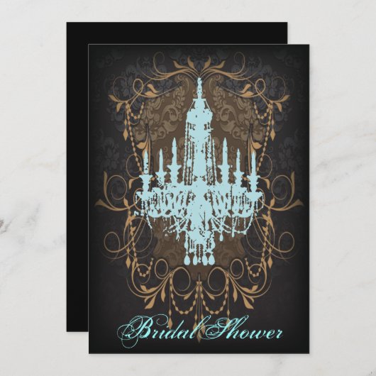 Damask Aqua Chandelier Vintages Brautparty Einladung (Vorne/Hinten)