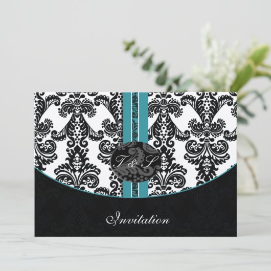 Damask aqua silber Hochzeit Einladung (Stehend Vorderseite)