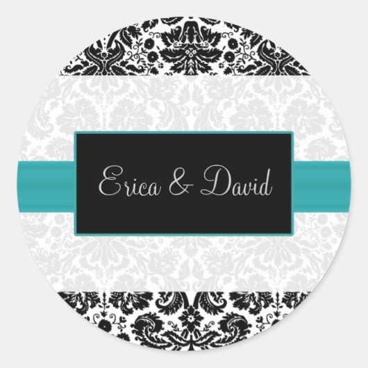 Damask aqua Wedding Monogram Aufkleber (Vorderseite)