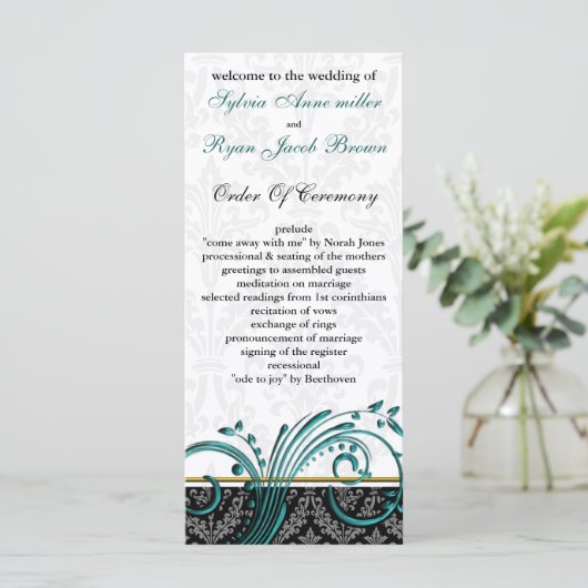 Damask aqua Wedding Programm (Stehend Vorderseite)