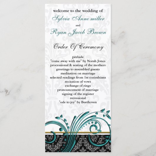 Damask aqua Wedding Programm (Vorderseite)