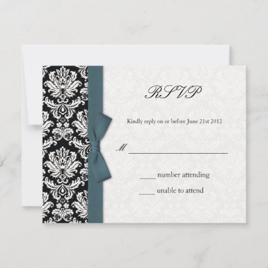 Damask Aquamarin Bow Wedding RSVP Card (Vorderseite)