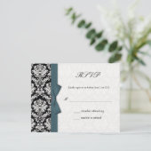 Damask Aquamarin Bow Wedding RSVP Card (Stehend Vorderseite)