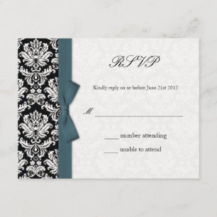 Damask Aquamarin Bow Wedding RSVP Card Karte