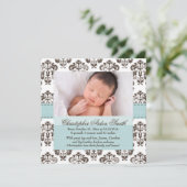 Damask Baby Announcement Blue und Brown Ankündigung (Stehend Vorderseite)