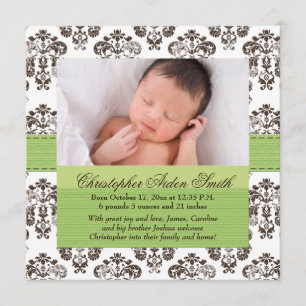 Damask Baby Birth Foto Annoucement Green Brown Ankündigung