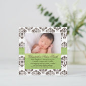 Damask Baby Birth Foto Annoucement Green Brown Ankündigung (Stehend Vorderseite)