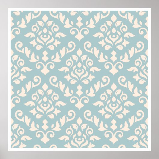 Damask Baroque Muster Creme auf blau Poster (Vorne)