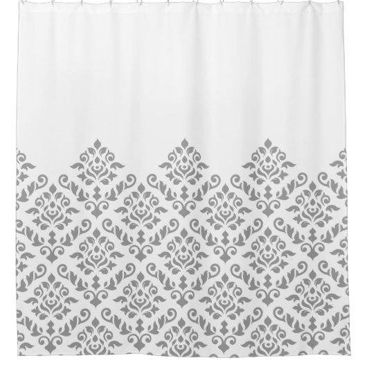 Damask Baroque Part Pattern Grau auf Weiß Duschvorhang (Vorderseite)