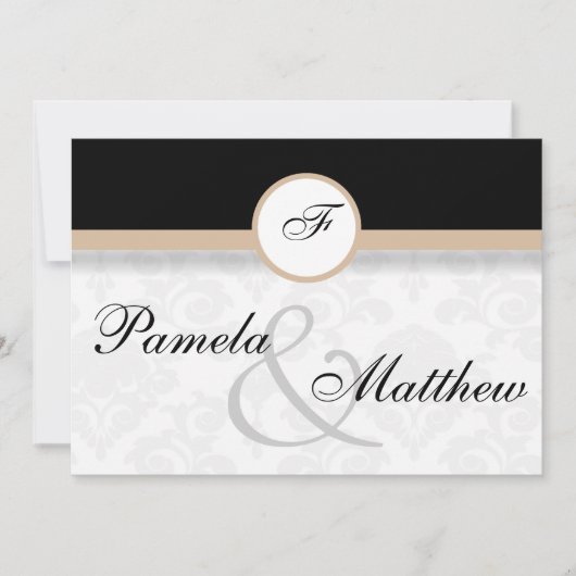 Damask Beige Monogram Hochzeit Einladung (Vorderseite)