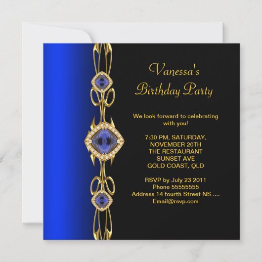 Damask Birthday Party Colbalt Blue Gold Black Einladung (Vorderseite)