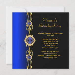 Damask Birthday Party Colbalt Blue Gold Black Einladung