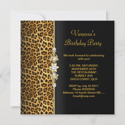 Damask Birthday Party Gold Black Leopard Einladung (Vorderseite)