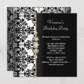 Damask Birthday Party Gold Schwarz-weiß Einladung (Vorne/Hinten)