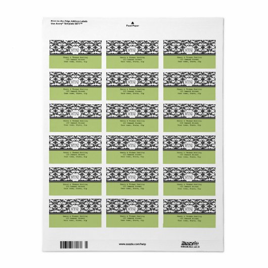 Damask black Limone monogram Wedding Label Adressaufkleber (Vorne)