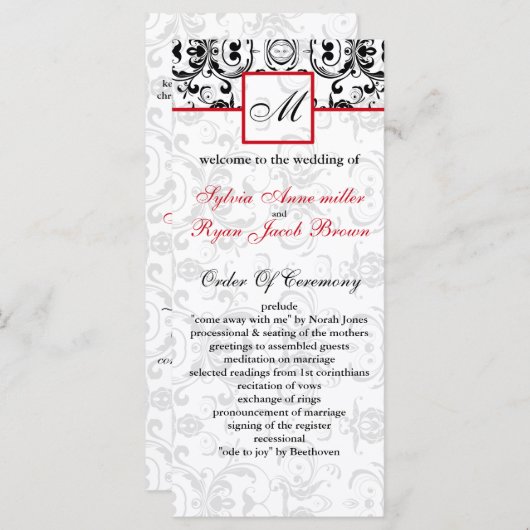 Damask black red MONOGRAM Wedding Program Programm (Vorne/Hinten)