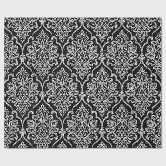 Damask Black Royal Gray Silver Glitzer Geschenkpapier (Flach)