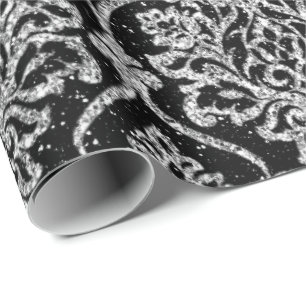 Damask Black Royal Gray Silver Glitzer Geschenkpapier