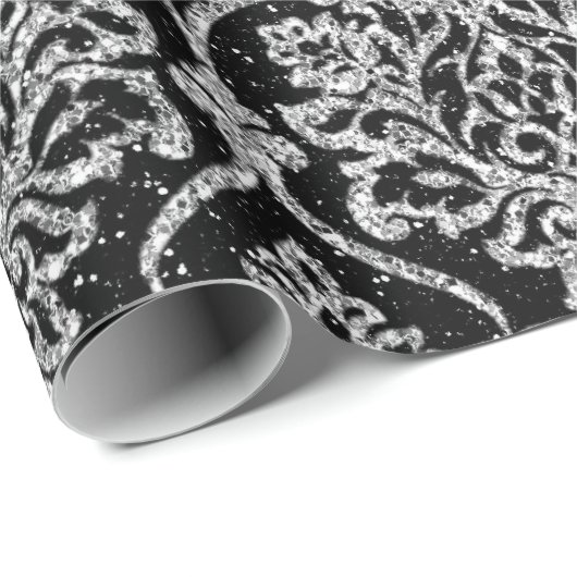 Damask Black Royal Gray Silver Glitzer Geschenkpapier (Rolleneckpunkt)