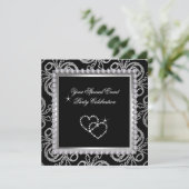 Damask Black Silver Diamonds Herz Party Einladung (Stehend Vorderseite)