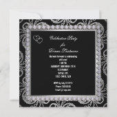Damask Black Silver Diamonds Herz Party Einladung (Rückseite)
