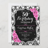 Damask Black Silver Pink Foto 50. Geburtstag Einladung (Vorderseite)