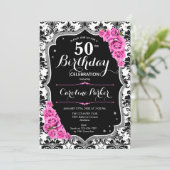 Damask Black Silver Pink Foto 50. Geburtstag Einladung (Stehend Vorderseite)