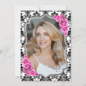 Damask Black Silver Pink Foto 50. Geburtstag Einladung (Rückseite)