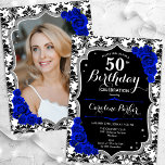 Damask Black Silver Royal Blue Foto 50. Geburtstag Einladung<br><div class="desc">Elegante florale feminine 50. Geburtstagseinladung mit Ihrem Foto auf der Kartenrückseite. Glam Schwarz-weißes königsblaues Design mit Imitaten Glitzer Silber. Enthält schwarz-weiße Damask-Muster, saphir-blaue Rose, Script-Schriftart und Konfetti. Ideal für ein stilvolles Party für Erwachsene. Personalisieren Sie Ihre persönlichen Daten. Kann für jedes Alter angepasst werden! Gedruckte Zazzle Einladungen oder Sofortdownload digitalen...</div>
