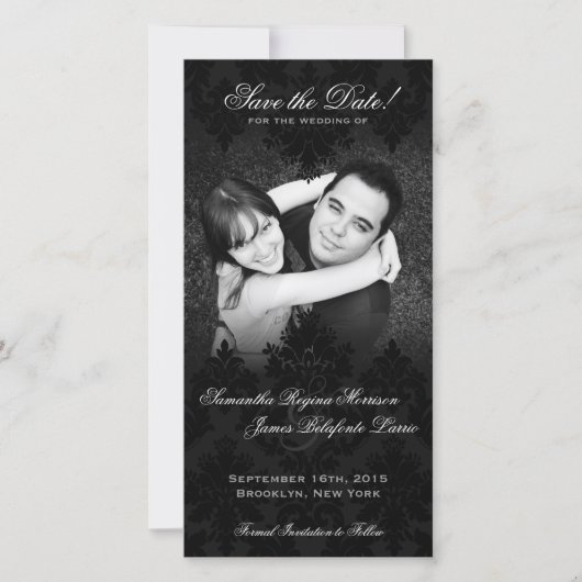 Damask Black & White Foto Save the Date (Vorderseite)