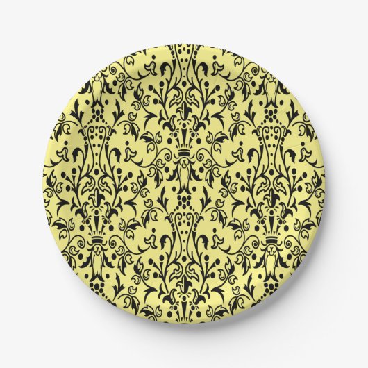 Damask Black & Yellow Pappteller (Vorderseite)