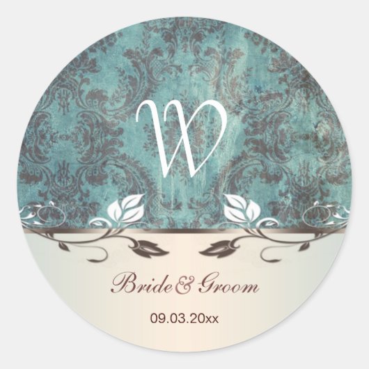 Damask bläulich-braun Hochzeitsticker Runder Aufkleber (Vorderseite)