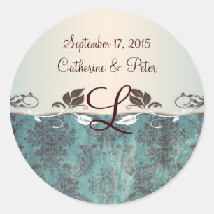 Damask bläulich-braun-Monogramm-Aufkleber Runder Aufkleber