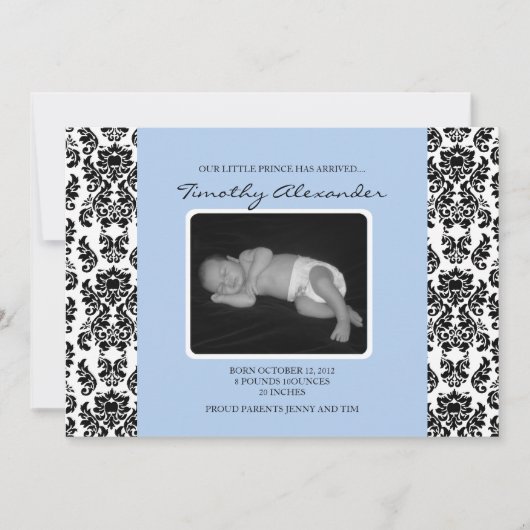 Damask Blue Birth Ankündigung (Vorderseite)