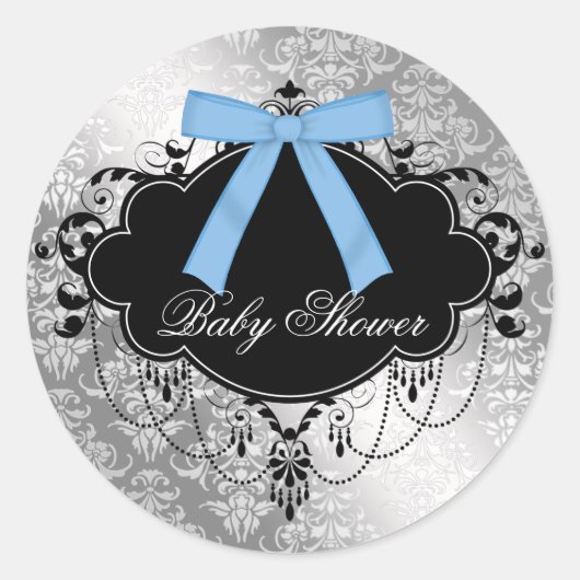 Damask Blue Black Baby Boy Duschaufkleber Runder Aufkleber (Vorderseite)