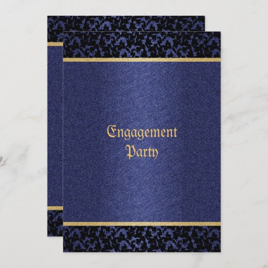 Damask blue gold elegantes Hochzeitsfest Party Einladung (Vorne/Hinten)