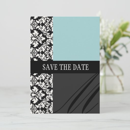 Damask Blue Save the Date Card (Stehend Vorderseite)