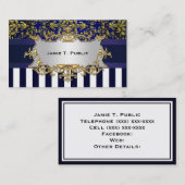 Damask Blue White Stripe, Blue Ribbon, Gold \Label Visitenkarte (Vorne/Hinten)