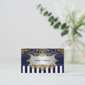 Damask Blue White Stripe, Blue Ribbon, Gold \Label Visitenkarte (Stehend Vorderseite)