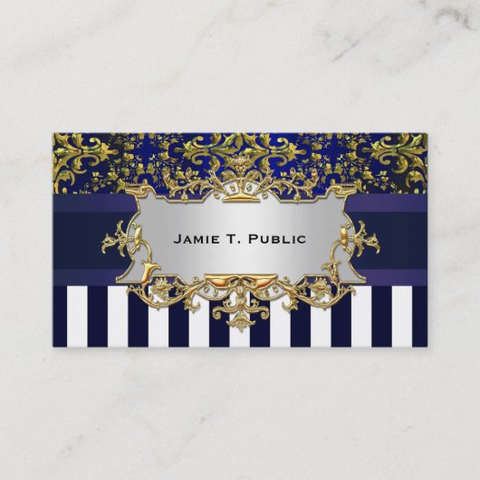 Damask Blue White Stripe, Blue Ribbon, Gold \Label Visitenkarte (Vorderseite)